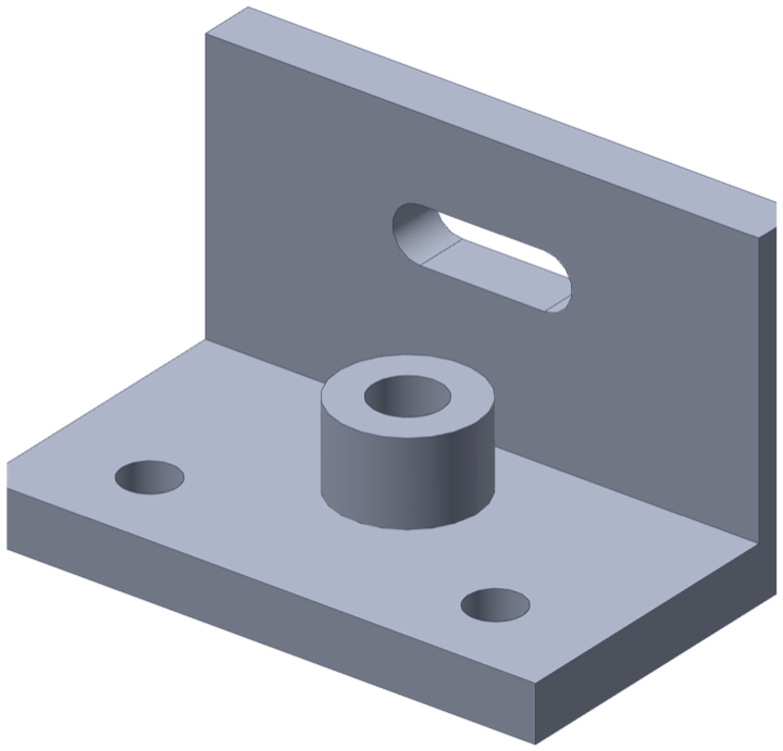 The demo bracket as a 3D STEP model: an L-shaped aluminium bracket with a boss, two holes and a slot